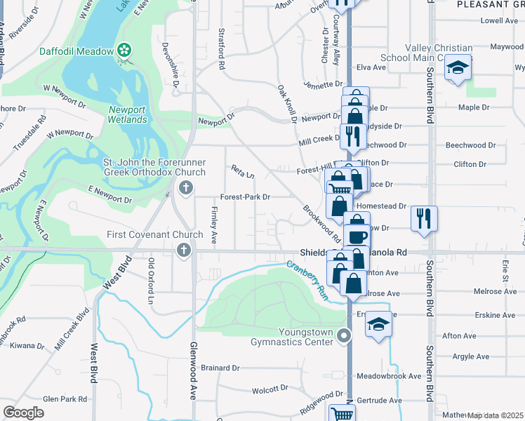 map of restaurants, bars, coffee shops, grocery stores, and more near 149 Forest-Park Drive in Youngstown