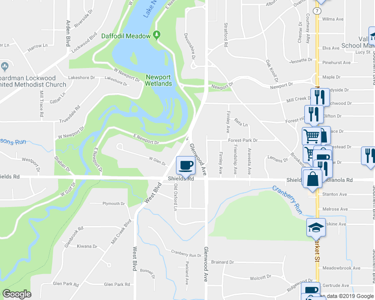 map of restaurants, bars, coffee shops, grocery stores, and more near 5010 West Boulevard in Youngstown
