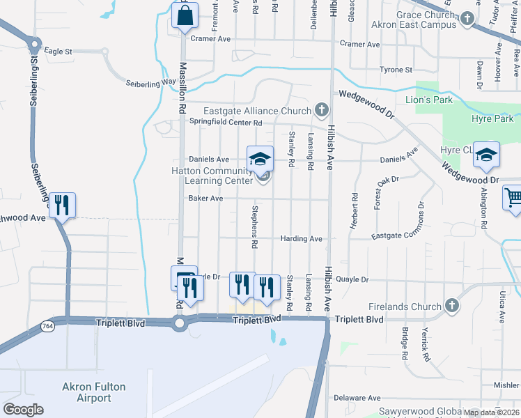 map of restaurants, bars, coffee shops, grocery stores, and more near 1940 Baker Avenue in Akron