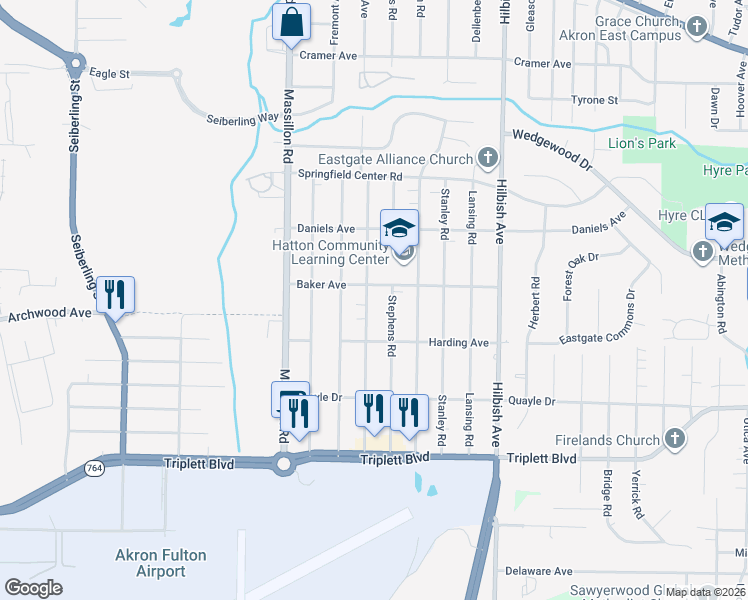 map of restaurants, bars, coffee shops, grocery stores, and more near 1895 Baker Avenue in Akron