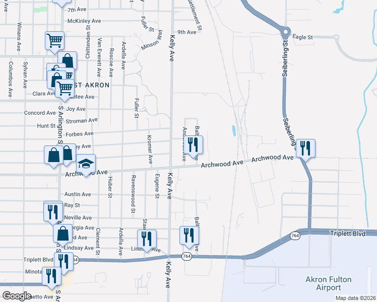 map of restaurants, bars, coffee shops, grocery stores, and more near 545 Anderson Avenue in Akron