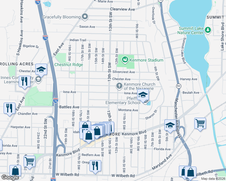 map of restaurants, bars, coffee shops, grocery stores, and more near 799 Harrison Avenue in Akron
