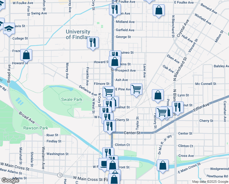 map of restaurants, bars, coffee shops, grocery stores, and more near 620 North Main Street in Findlay