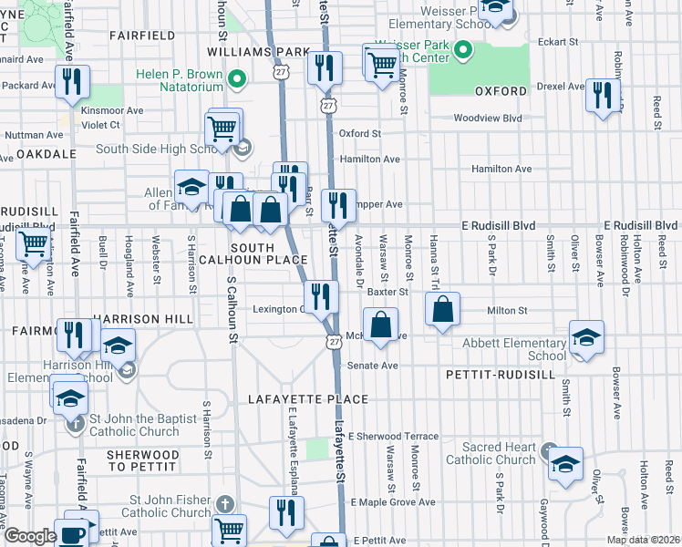 map of restaurants, bars, coffee shops, grocery stores, and more near 4004 Lafayette Street in Fort Wayne