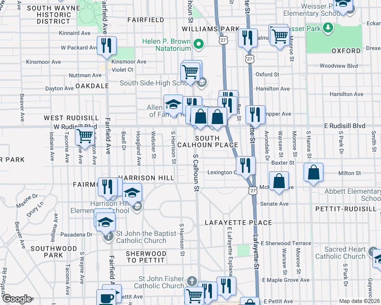 map of restaurants, bars, coffee shops, grocery stores, and more near 3931 South Calhoun Street in Fort Wayne
