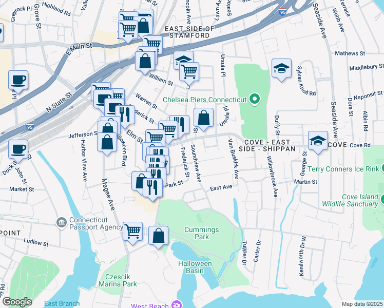 map of restaurants, bars, coffee shops, grocery stores, and more near 33 Soundview Avenue in Stamford