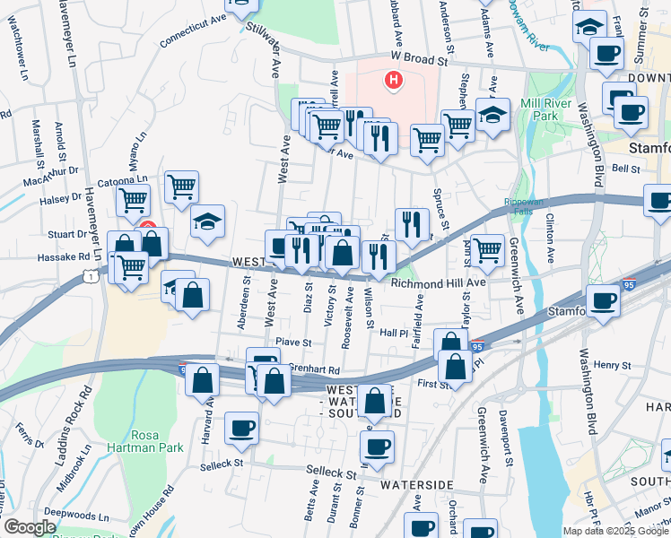 map of restaurants, bars, coffee shops, grocery stores, and more near 23 Virgil Street in Stamford