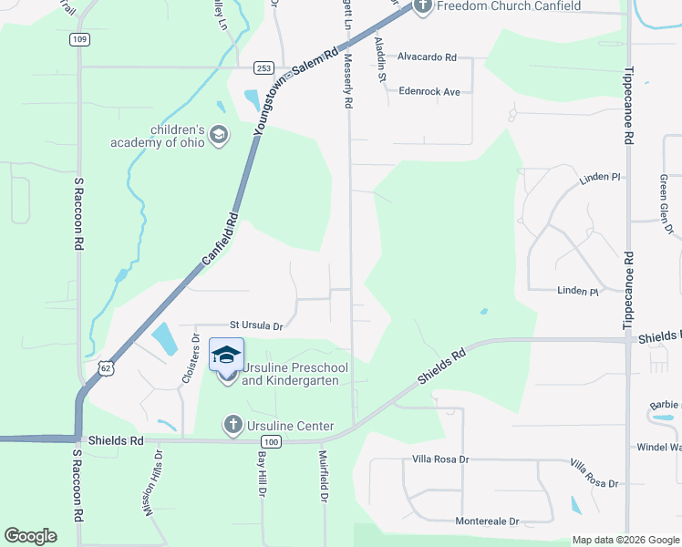 map of restaurants, bars, coffee shops, grocery stores, and more near 4867 Messerly Road in Canfield