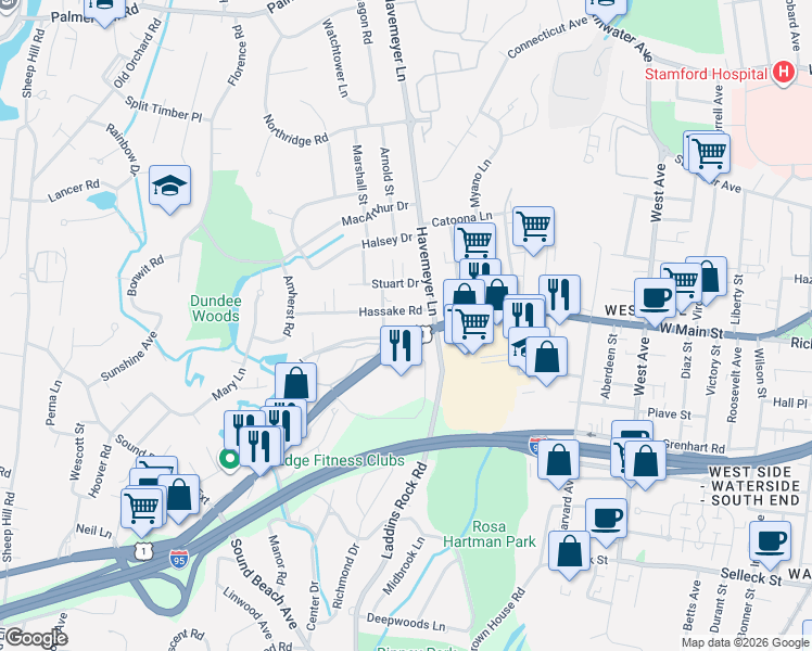 map of restaurants, bars, coffee shops, grocery stores, and more near 10 Hassake Road in Greenwich