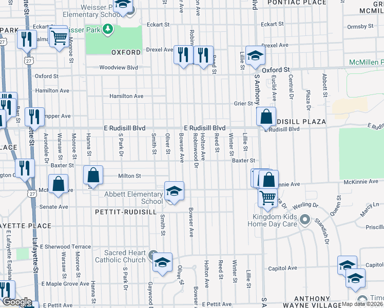 map of restaurants, bars, coffee shops, grocery stores, and more near 4002 Robinwood Drive in Fort Wayne