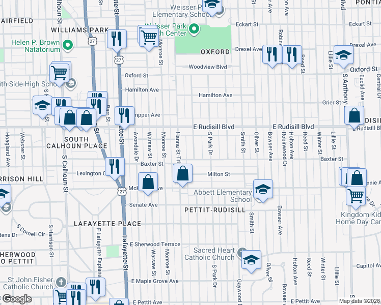 map of restaurants, bars, coffee shops, grocery stores, and more near 4022 Weisser Park Avenue in Fort Wayne