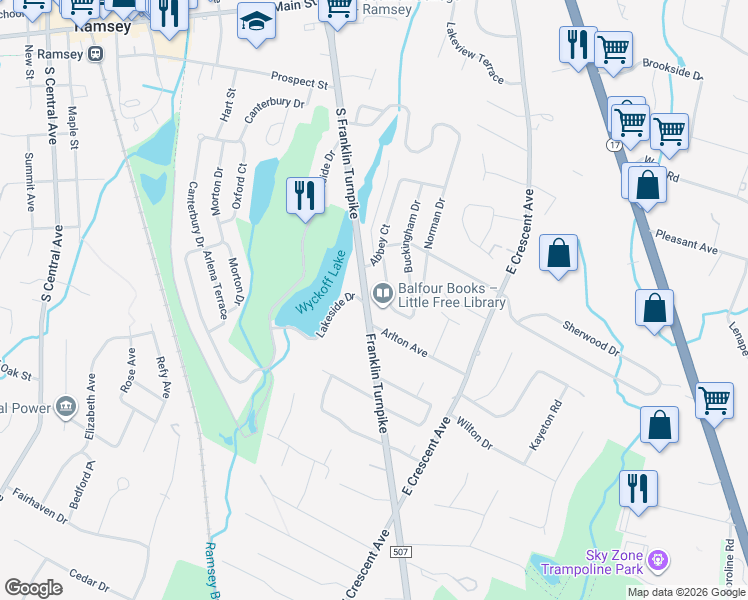 map of restaurants, bars, coffee shops, grocery stores, and more near 276 South Franklin Turnpike in Ramsey