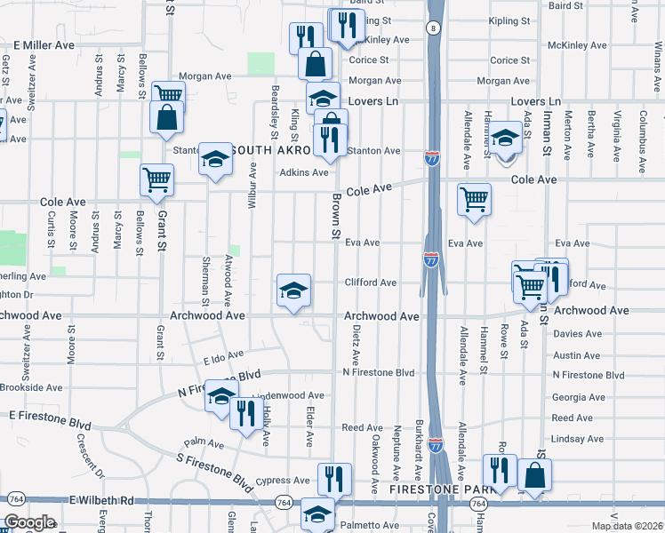 map of restaurants, bars, coffee shops, grocery stores, and more near 1199 Brown Street in Akron