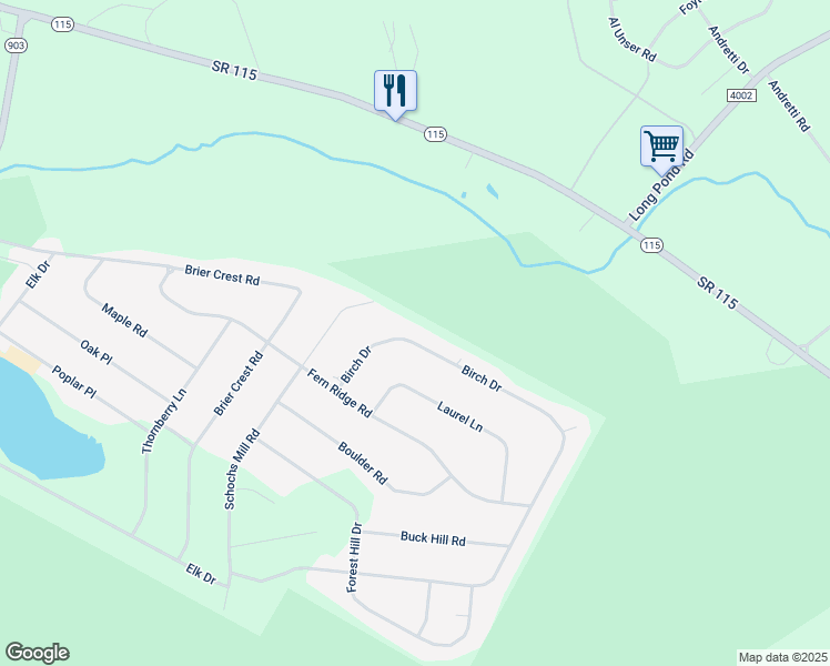 map of restaurants, bars, coffee shops, grocery stores, and more near 56 Birch Drive in Blakeslee