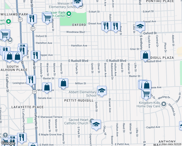 map of restaurants, bars, coffee shops, grocery stores, and more near 4024 Smith Street in Fort Wayne