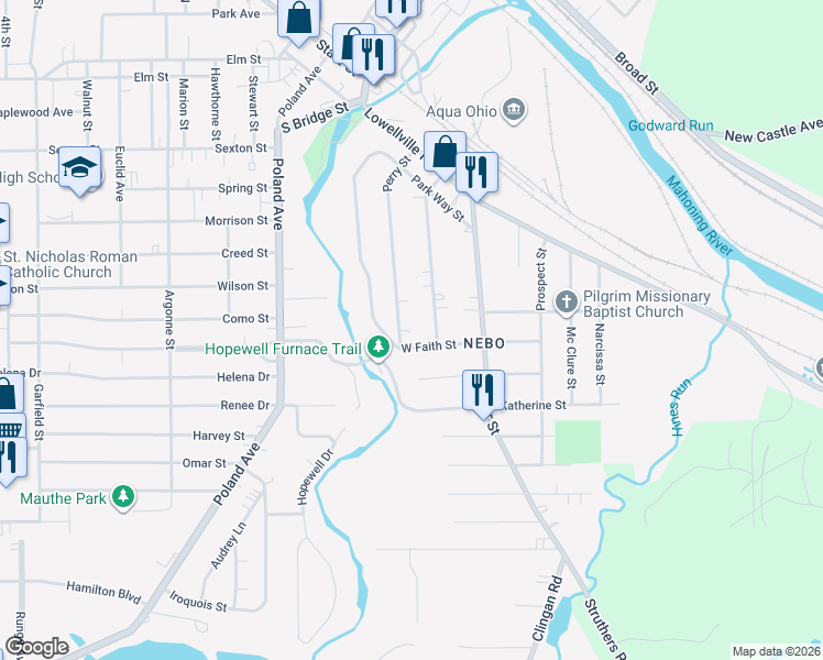 map of restaurants, bars, coffee shops, grocery stores, and more near 157 Ridgeway Street in Struthers