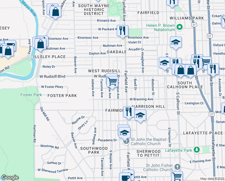 map of restaurants, bars, coffee shops, grocery stores, and more near 3940 Arlington Avenue in Fort Wayne