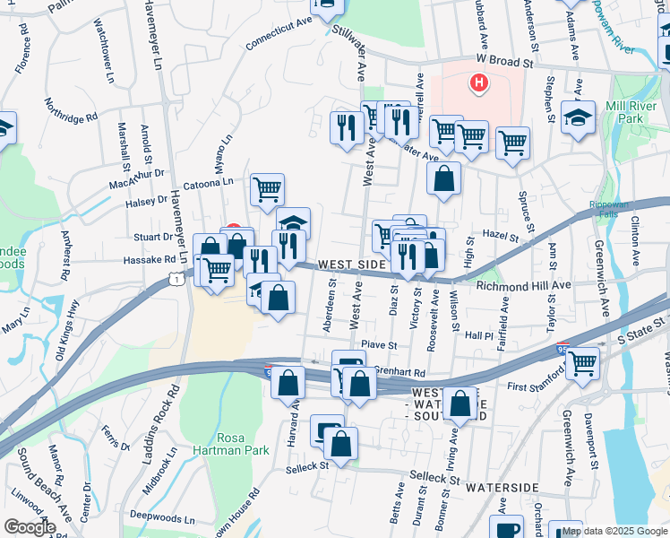 map of restaurants, bars, coffee shops, grocery stores, and more near 16 Nurney Street in Stamford
