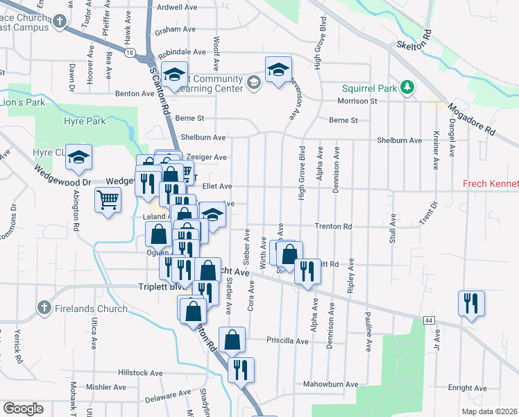map of restaurants, bars, coffee shops, grocery stores, and more near 419 Sieber Avenue in Akron