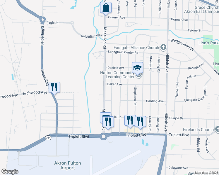 map of restaurants, bars, coffee shops, grocery stores, and more near 438 Baldwin Road in Akron