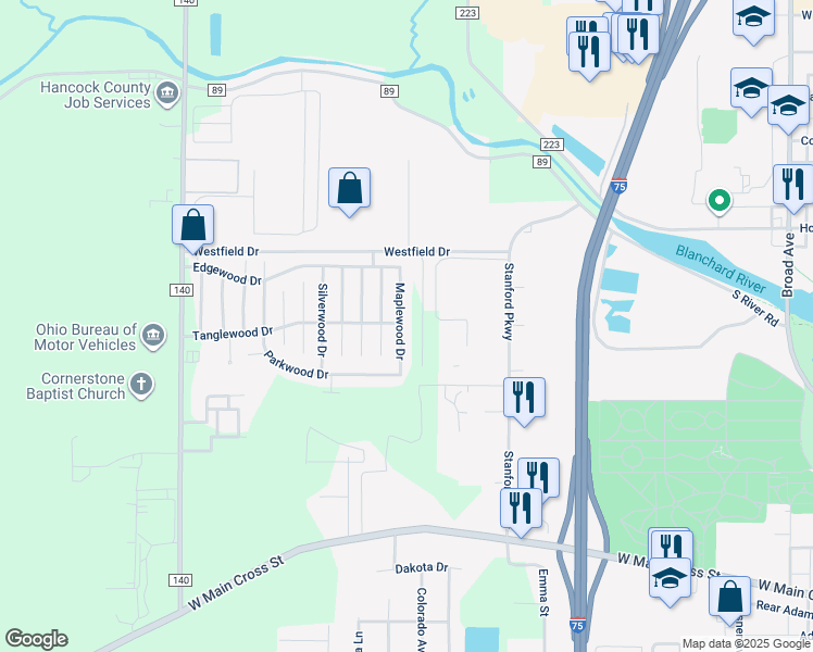 map of restaurants, bars, coffee shops, grocery stores, and more near 8157 Maplewood Drive in Findlay