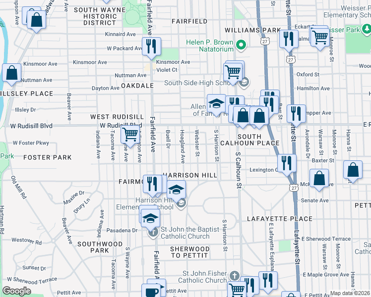 map of restaurants, bars, coffee shops, grocery stores, and more near 334 West Foster Parkway in Fort Wayne