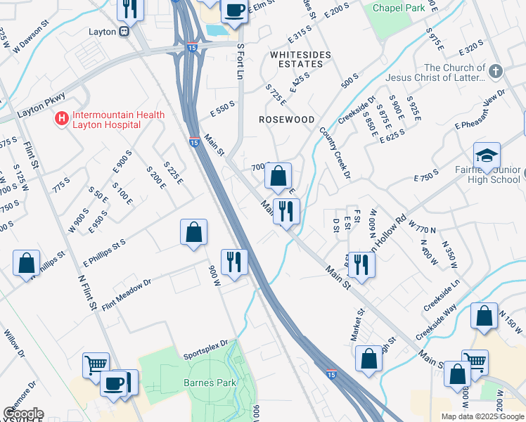 map of restaurants, bars, coffee shops, grocery stores, and more near 802 South Main Street in Layton