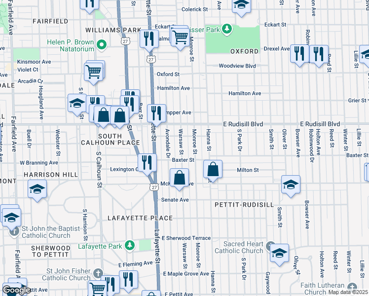 map of restaurants, bars, coffee shops, grocery stores, and more near 4025 Warsaw Street in Fort Wayne