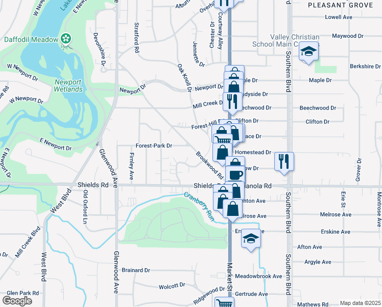 map of restaurants, bars, coffee shops, grocery stores, and more near 4870 Brookwood Road in Youngstown