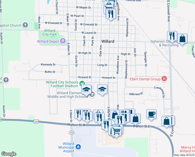 map of restaurants, bars, coffee shops, grocery stores, and more near 734 Dale Avenue in Willard