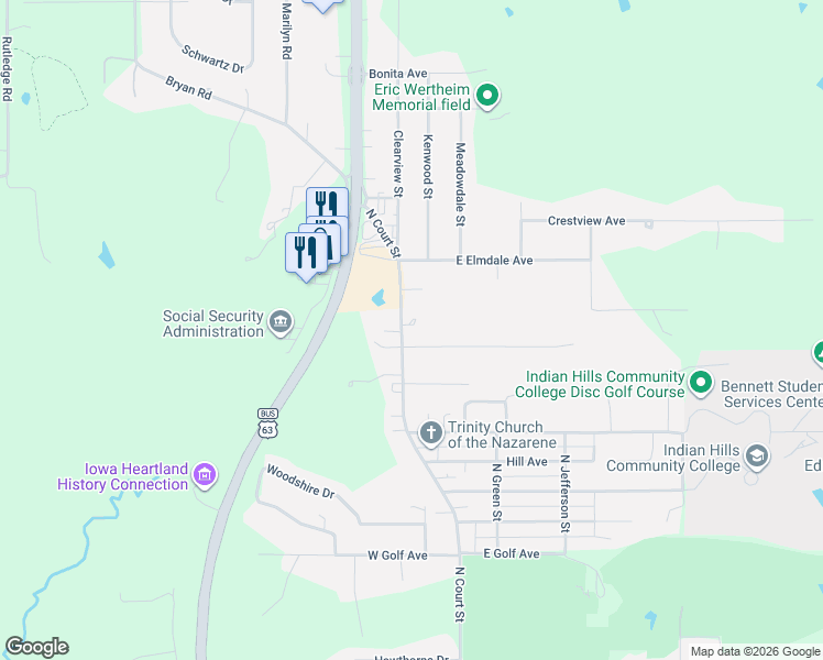 map of restaurants, bars, coffee shops, grocery stores, and more near 2420 North Court Street in Ottumwa