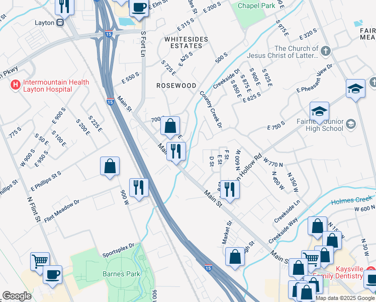 map of restaurants, bars, coffee shops, grocery stores, and more near 642 East Clearwater Drive North in Layton