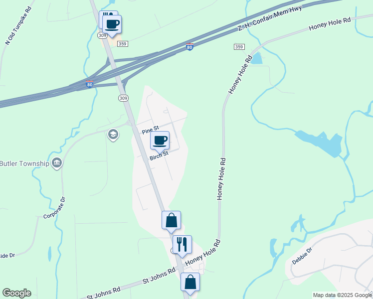 map of restaurants, bars, coffee shops, grocery stores, and more near 131 Birch Street in Drums