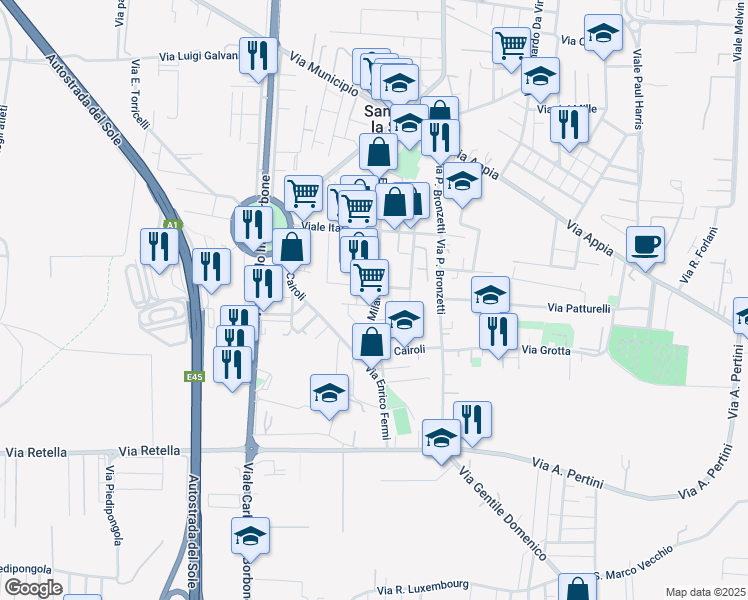 map of restaurants, bars, coffee shops, grocery stores, and more near 66 Via Milano in San Nicola La Strada