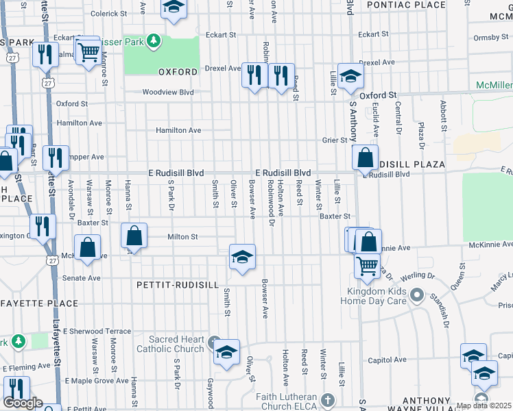 map of restaurants, bars, coffee shops, grocery stores, and more near 4023 Bowser Avenue in Fort Wayne