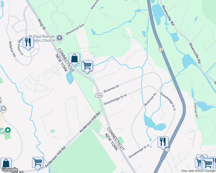 map of restaurants, bars, coffee shops, grocery stores, and more near 10 Hettiefred Road in Greenwich