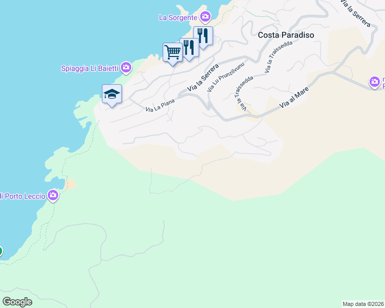 map of restaurants, bars, coffee shops, grocery stores, and more near 1 Via La Falata in Costa Paradiso