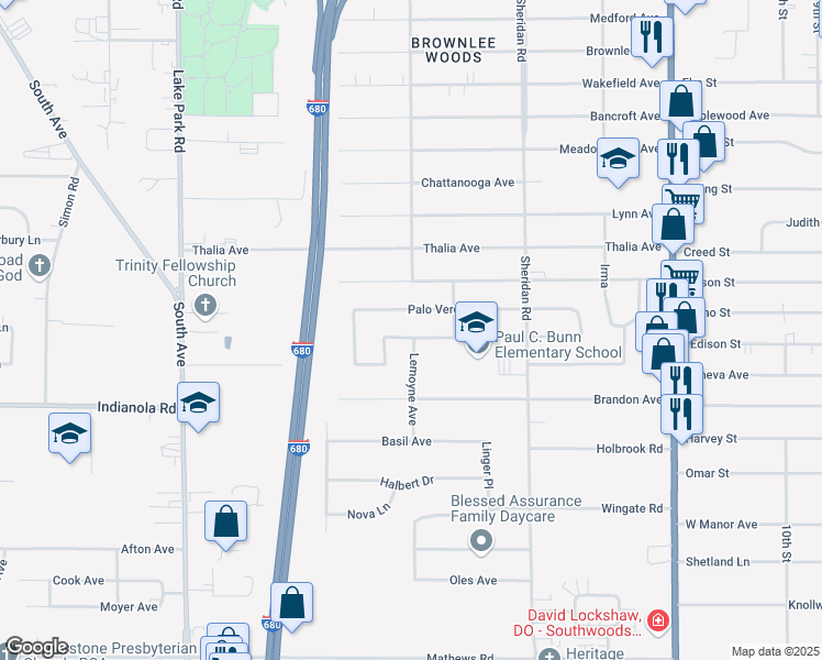 map of restaurants, bars, coffee shops, grocery stores, and more near 1680 Sequoya Drive in Youngstown