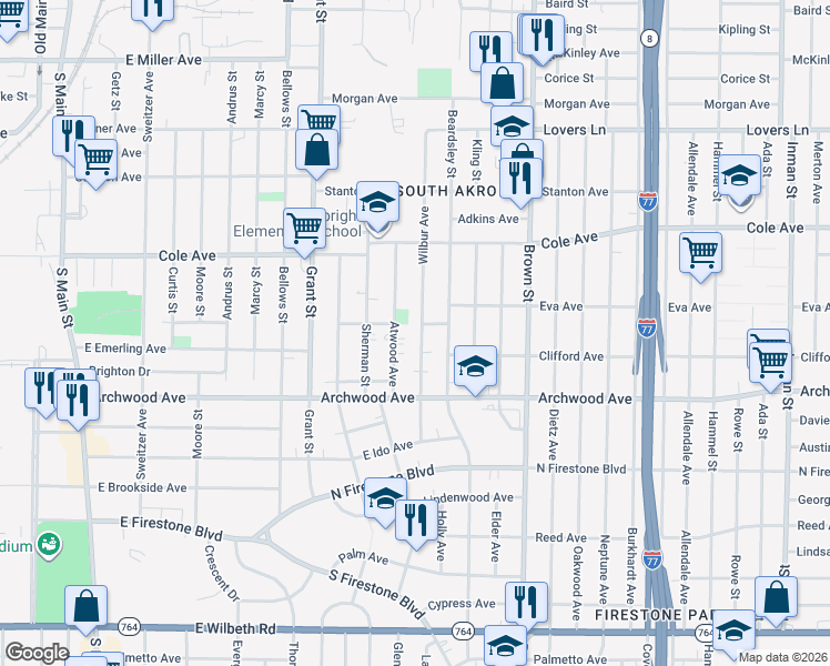 map of restaurants, bars, coffee shops, grocery stores, and more near 1240 Wilbur Avenue in Akron