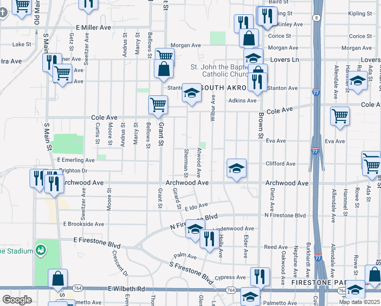 map of restaurants, bars, coffee shops, grocery stores, and more near 325 Galena Avenue in Akron