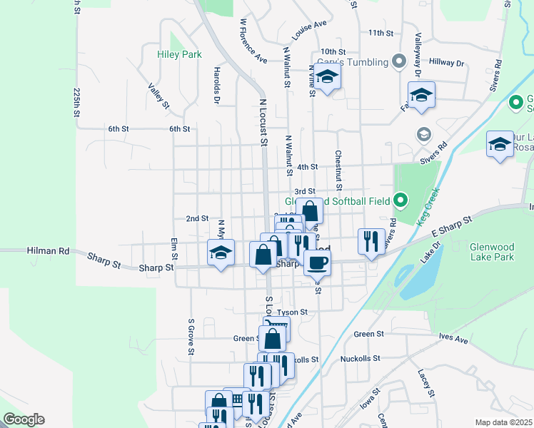map of restaurants, bars, coffee shops, grocery stores, and more near 209 North Locust Street in Glenwood