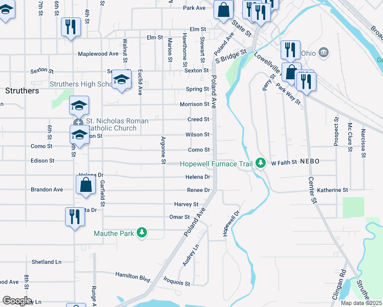 map of restaurants, bars, coffee shops, grocery stores, and more near 49 Como Street in Struthers