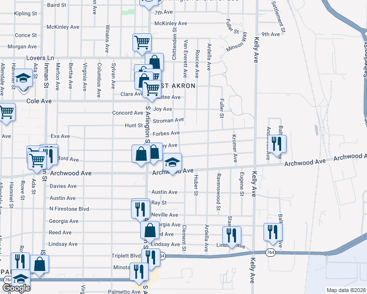 map of restaurants, bars, coffee shops, grocery stores, and more near 1098 Wyley Avenue in Akron