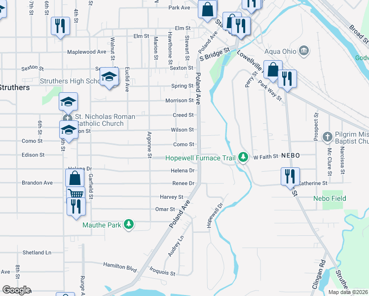 map of restaurants, bars, coffee shops, grocery stores, and more near 49 Como Street in Struthers