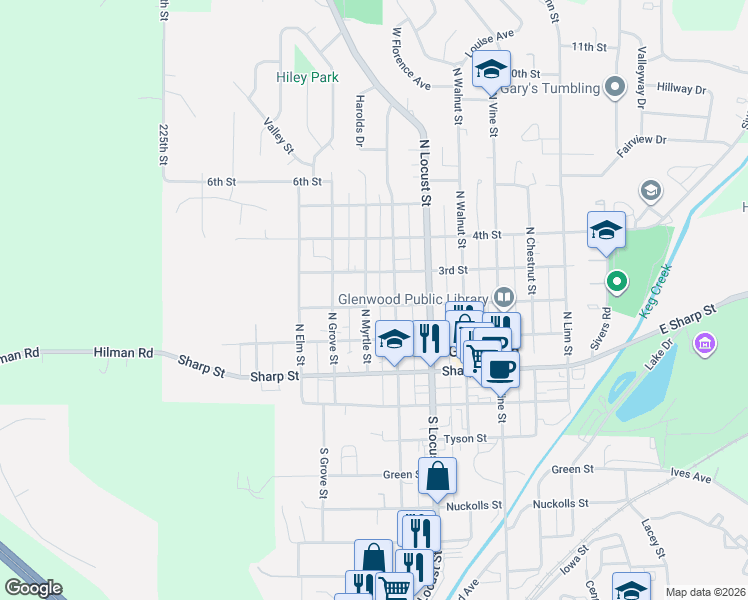 map of restaurants, bars, coffee shops, grocery stores, and more near 210 North Hazel Street in Glenwood