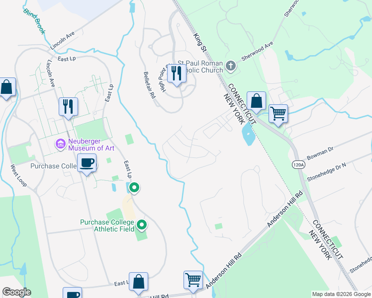 map of restaurants, bars, coffee shops, grocery stores, and more near 1100 King Street in Rye Brook
