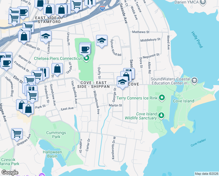 map of restaurants, bars, coffee shops, grocery stores, and more near 734 Cove Road in Stamford