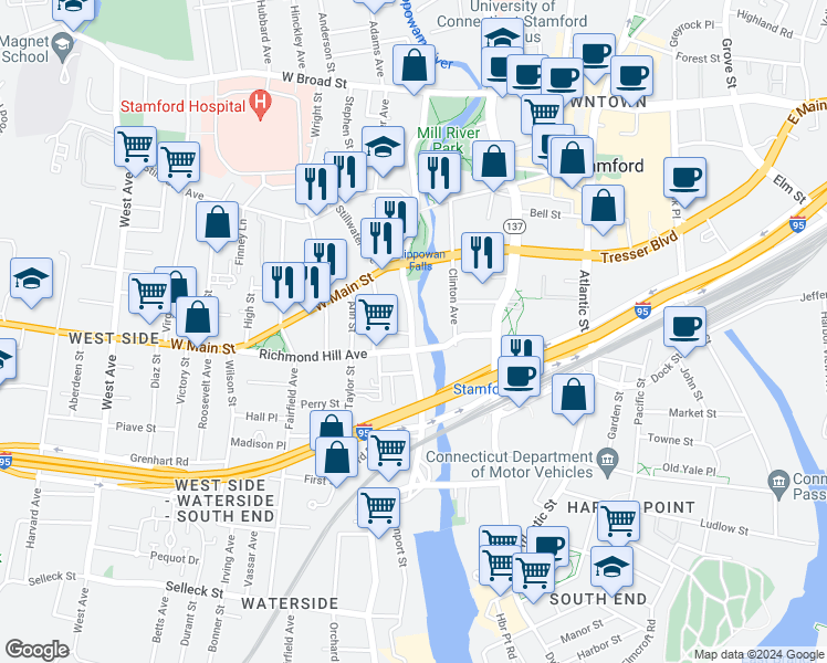 map of restaurants, bars, coffee shops, grocery stores, and more near 37 Greenwich Avenue in Stamford