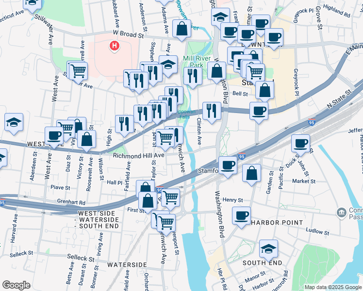 map of restaurants, bars, coffee shops, grocery stores, and more near 53 Greenwich Avenue in Stamford