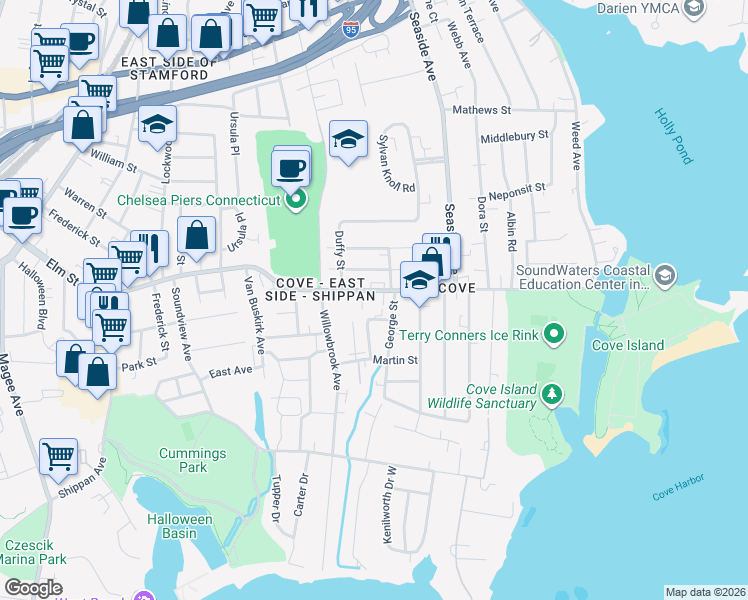 map of restaurants, bars, coffee shops, grocery stores, and more near 734 Cove Road in Stamford